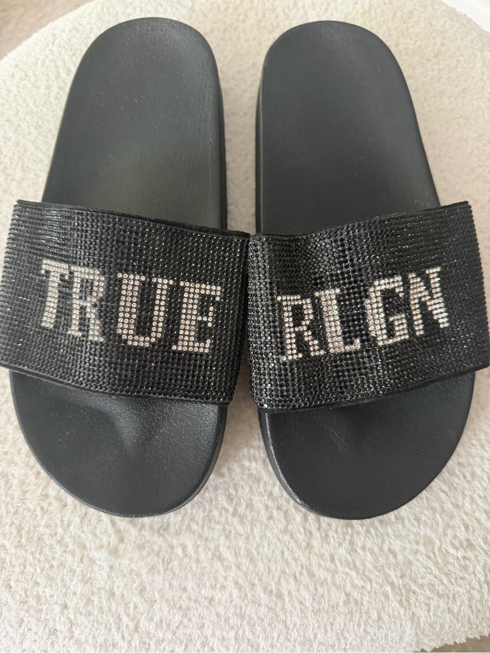 True Religion Black Crystal Logo Slide Sandals - Women's